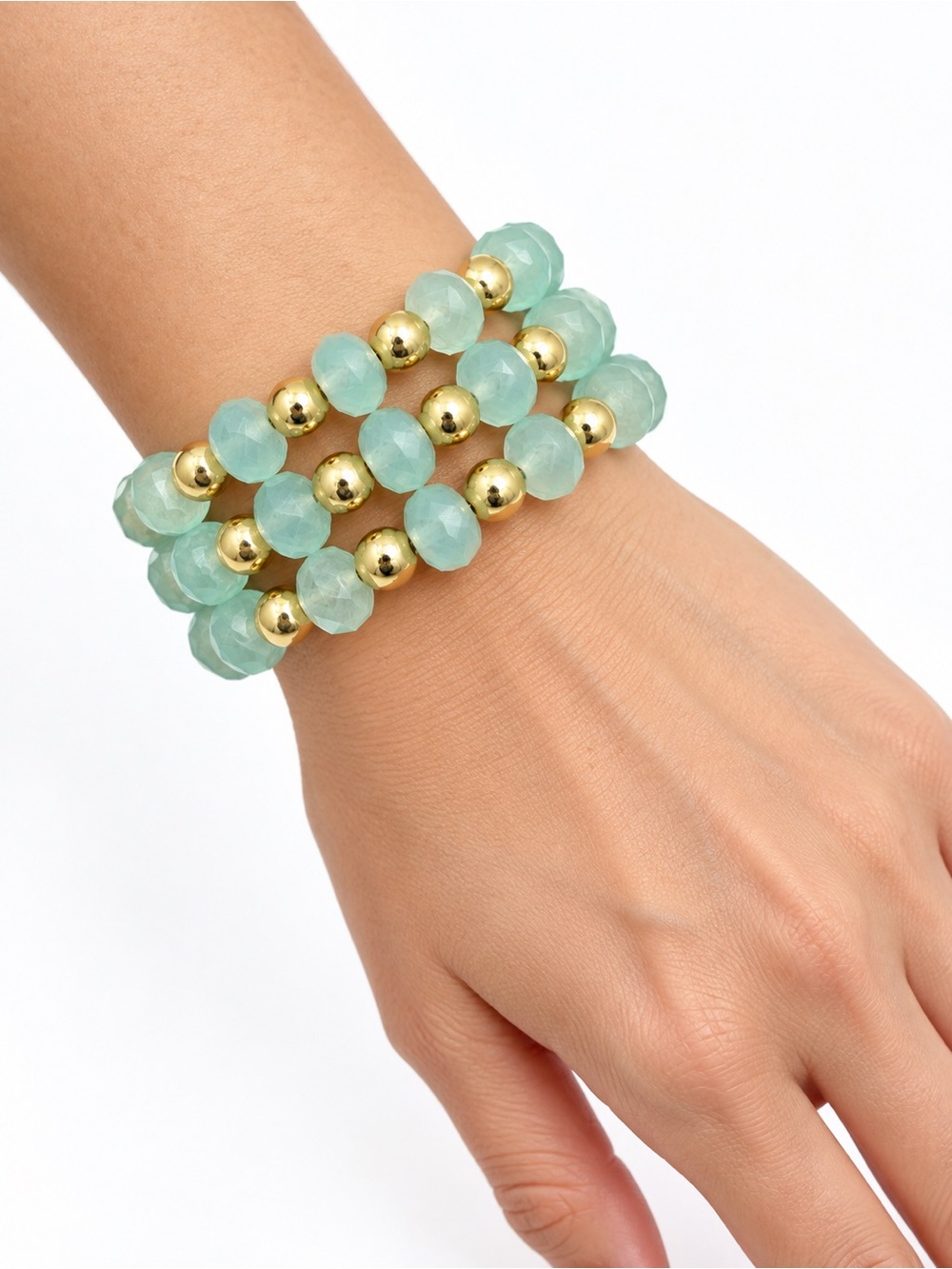 Aqua Faceted Bead Three-Row Bracelet with Gold-Tone Accents